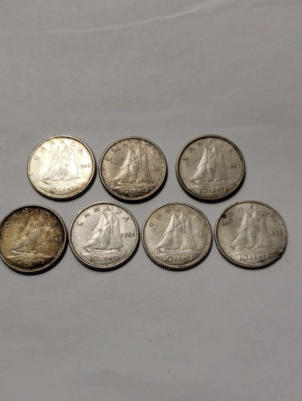 Canada 1960's 10 Cent Dime Coins - 80% Silver  (Set of 7)